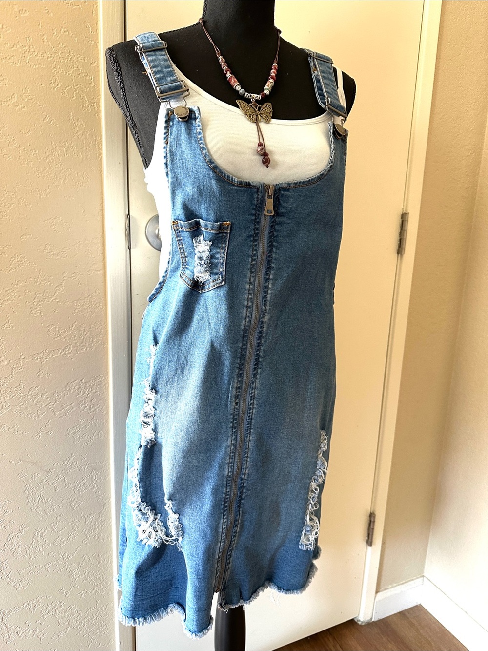 Denim Jumper Dress - Juniors Size Large- Zipper Front/ Distressed Blue Stretchy - Picture 4 of 15